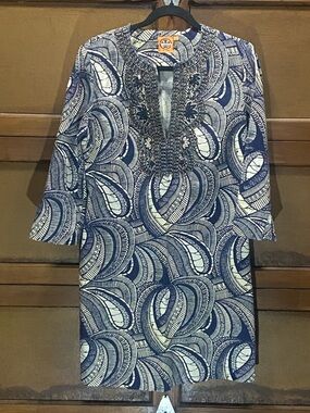 Tory Burch | Leila Caftan Dress with embellishments 3/4 sleeves Size 6